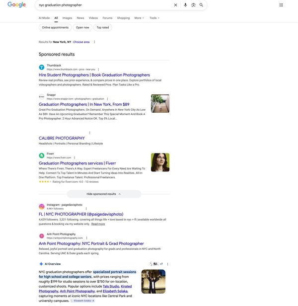Google search results showing Anh Point Photography on page 1 and named in AI Overview for NYC graduation photographer
